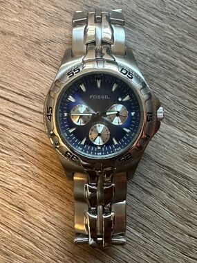 Fossil Silver Stainless Steel Watch with Blue Dial
